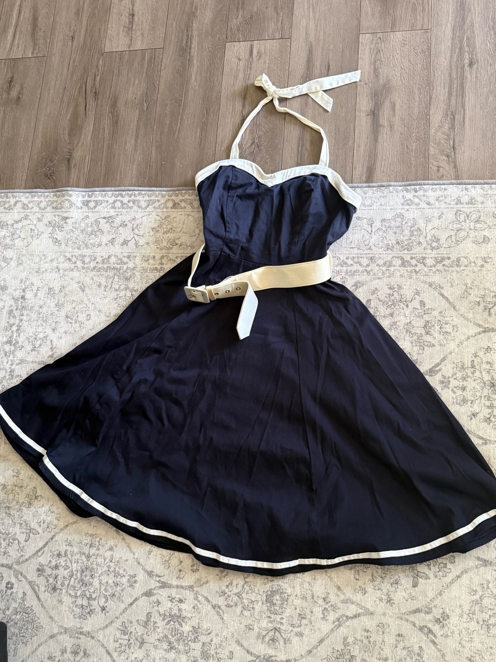 Collectif Navy Halter Fit-and-Flare Pinup Dress with White Trim